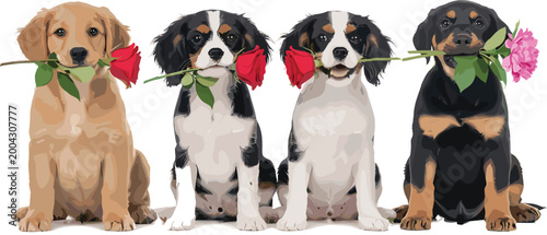 Cute Puppy Group Illustration with Dogs Holding Roses Romantic Pet Vector Design for Valentine Greeting Card Love Theme and Animal Artwork