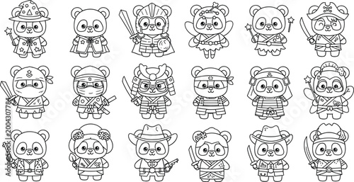Cute Panda Character Outline Set with Costumes Ninja Samurai Cowboy and Fantasy Roles Line Art Vector Collection for Coloring Book and Kids Illustration