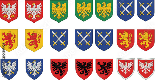 Heraldic Shield Set with Eagles Lions and Crossed Swords Medieval Coat of Arms Vector Collection for Emblems Crests and Historical Design