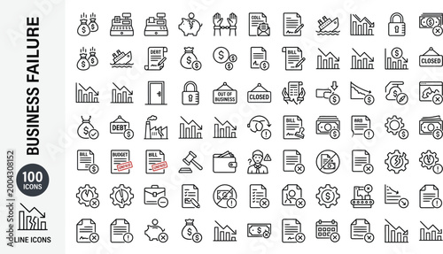 Business failure concept with 100 line icons of bankruptcy loss and financial crisis