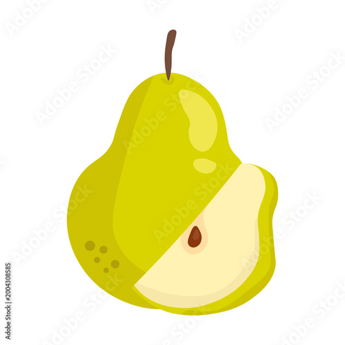 Green whole pear and a vertical slice showing seeds isolated on white background for organic food concepts
