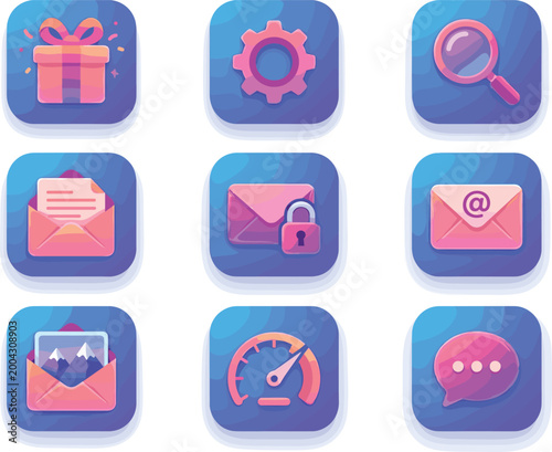 Gradient Mobile App Icon Set with Gift, Settings, Search, Email, Lock, Speed, and Chat Symbols for UI and Digital Design Projects