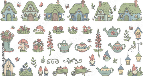 Collection of Fairy Tale Cottages Garden Gnomes Mushrooms Watering Cans and Floral Elements in a Charming Folk Art Style.