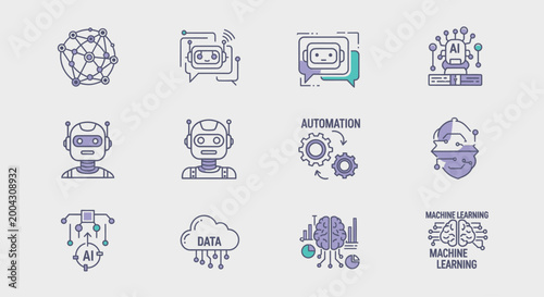Modern AI Technology Icon Set – Machine Learning, Automation & Neural Network Vector Pack
