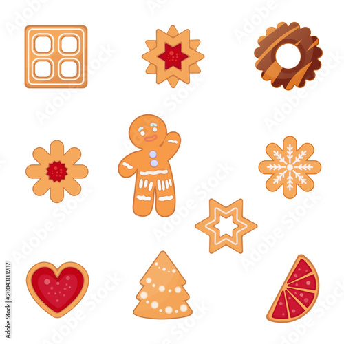 Cookie set, assorted gingerbread Christmas cookies with jam filling and chocolate, festive holiday dessert collection, flat cartoon illustration