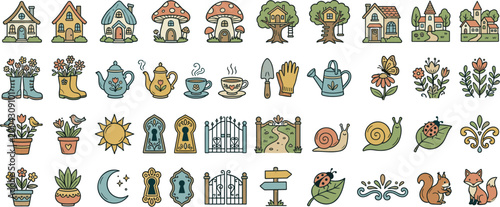 Whimsical Vector Collection of Cute Fairy Tale Houses Garden Elements Floral Decor Mushroom Cottages and Woodland Animals in a Charming Folk Art Style.