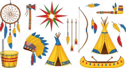 Native American Culture Illustration Set with Dreamcatcher Headdress Teepee Bow Arrow and Tribal Elements Vector Collection for Ethnic Design and Heritage Art