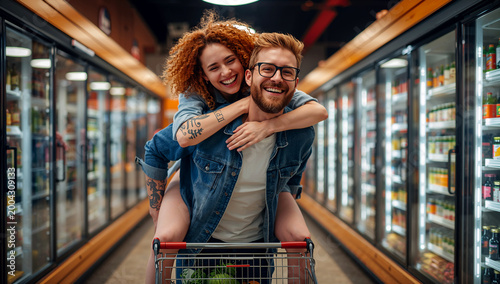 A cheerful young couple, with broad smiles and infectious happiness, playfully enjoys a loving piggyback ride.