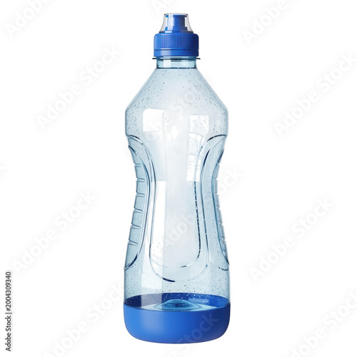 Clear plastic water bottle with blue cap and base