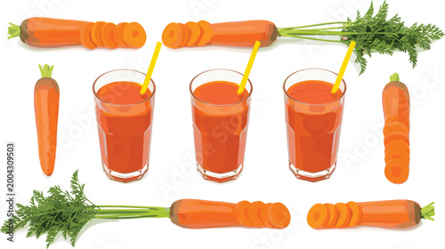 Carrot Juice Illustration Set with Fresh Vegetables Sliced Carrots and Glasses of Healthy Drink Vector Collection for Detox Nutrition and Organic Food Design