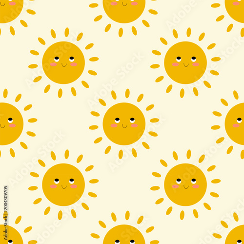 Seamless summer pattern with smiling yellow sun characters on a light beige background for nursery textiles