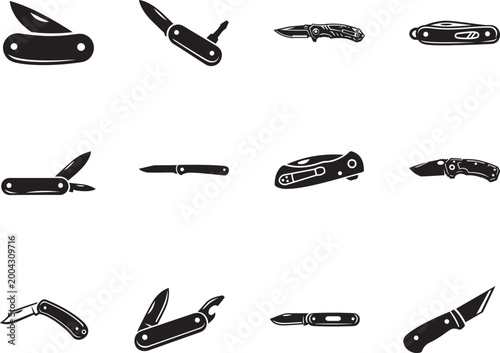 Pocket knife icon set in black style, isolated vector symbols, high quality logo elements.