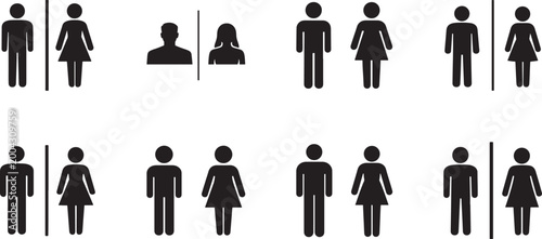 Toilet icon set with male and female restroom signs, clean vector symbols isolated on white.