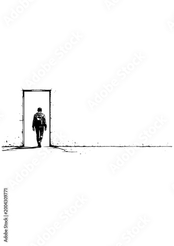 A solitary person walking with purpose through an open door in a minimalistic setting