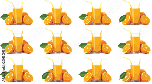 Seamless Orange Juice Pattern with Fresh Citrus Drink Glasses and Sliced Oranges Vector Background for Beverage Packaging and Summer Design