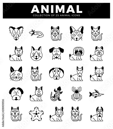 diverse animal icons. black and white linework. simple. clean style. on a white background.