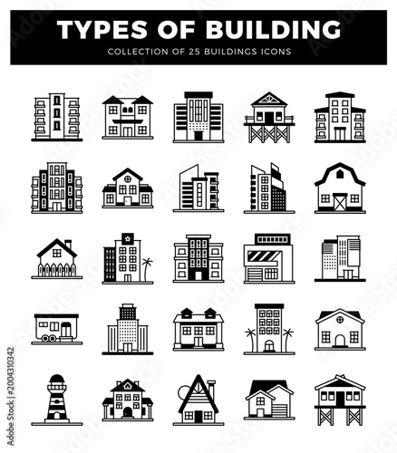 Collection of building icons with various architectural styles and types
