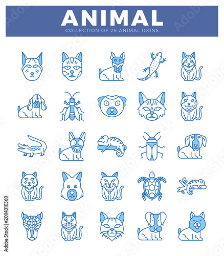 animal icons in blue line art on a white background. displaying various pets and wild creatures.