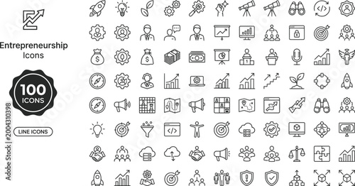 Minimalist monoline entrepreneurship icons set for business and finance