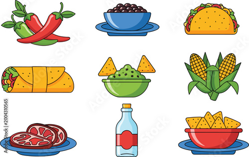 Mexican Food Icon Set with Taco Burrito Nachos Guacamole Corn and Chili Pepper Vector Collection for Cuisine Menu Restaurant and Latin American Design