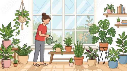 Woman Watering Indoor House Plants in Cozy Living Room with Monstera, Cactus, and Hanging Plants for Home and Lifestyle Design Projects