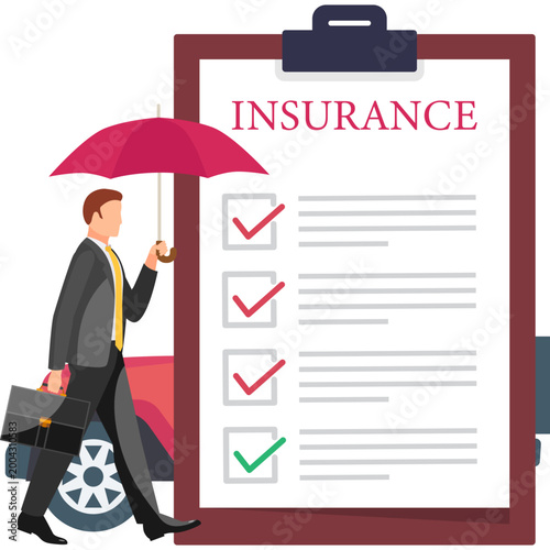 Man Standing Near Car Insurance Policy Document Auto Insurance Concept Illustration