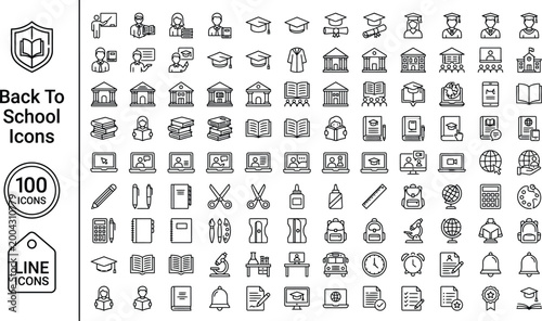 Back to school icons set including education symbols and learning objects in minimalistic line style on white background for design and teaching resources