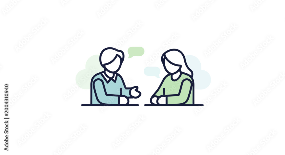 Fototapeta premium Two people talking, illustration of conversation and communication, modern flat design