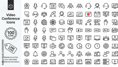 Minimalist monoline video conference icons set for online meetings and communication tools