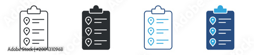 Travel itinerary icon set. clipboard with location pins. trip planning and schedule concept. vector illustration.
