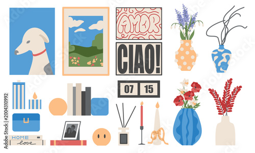 Modern Cozy Home Decor. Bundle with Wall Art Candles Vases and Lifestyle Elements