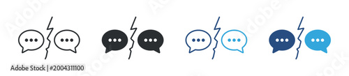 Conversation conflict icon set. chat bubbles with lightning symbol. disagreement and communication issue concept. vector illustration.