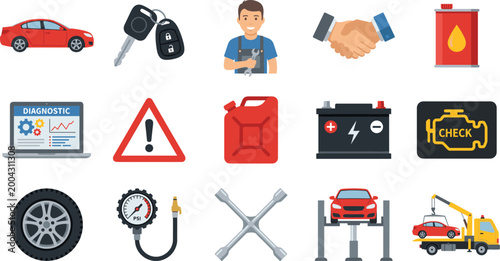 Car Service and Auto Repair Icon Set with Mechanic, Battery, Tire, Diagnostic, Fuel, and Tow Truck for Automotive and Garage Design Projects