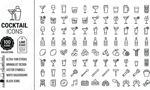 Minimalist monoline cocktail icons set for designers and bartenders