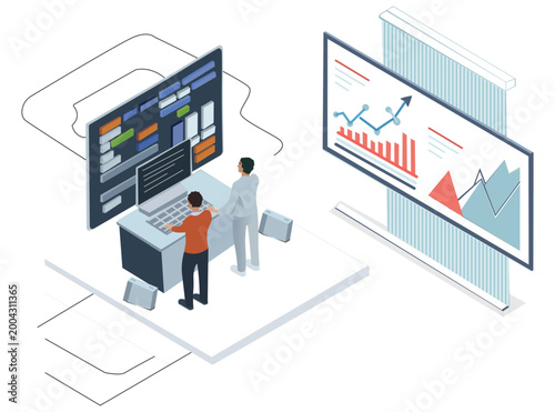 Two professionals collaborating to analyze financial data and market trends on digital displays in a contemporary office setting, ideal for business and technology concepts.