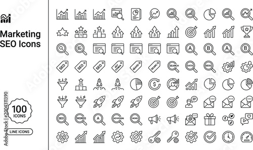 Marketing seo icons set with 100 monoline style symbols for business and digital marketing