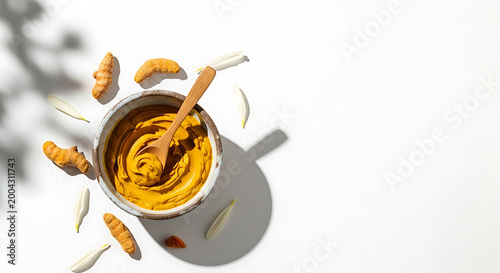 Turmeric paste in a bowl with turmeric roots and flower petals isolated on white background