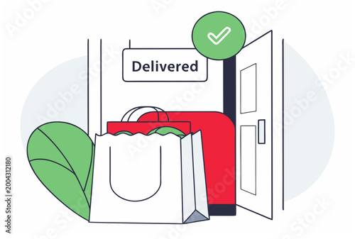 Shopping bag and box with delivered sign on doorstep by open door. Quick last mile delivery service. Vector illustration for web