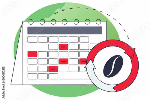 Calendar with recurring red marked dates and coffee bean with refresh arrows. Subscription-based commerce concept. Vector illustration