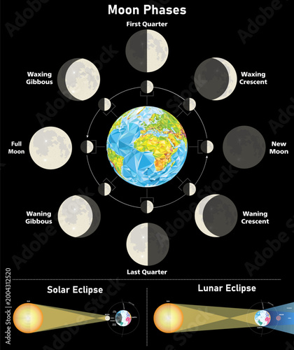 Moon phases cycle and eclipse types infographic featuring solar and lunar eclipse diagrams on a dark background. Educational astronomy vector illustration