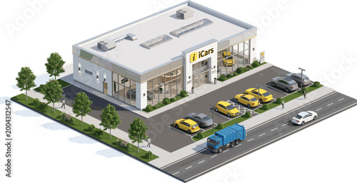 Isometric Car Dealership Showroom Building with Parking Lot, Trees, and Vehicles on Road for Automotive and Real Estate Design Projects
