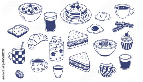 Coffee and breakfast icons set. Hand drawn vector illustration.