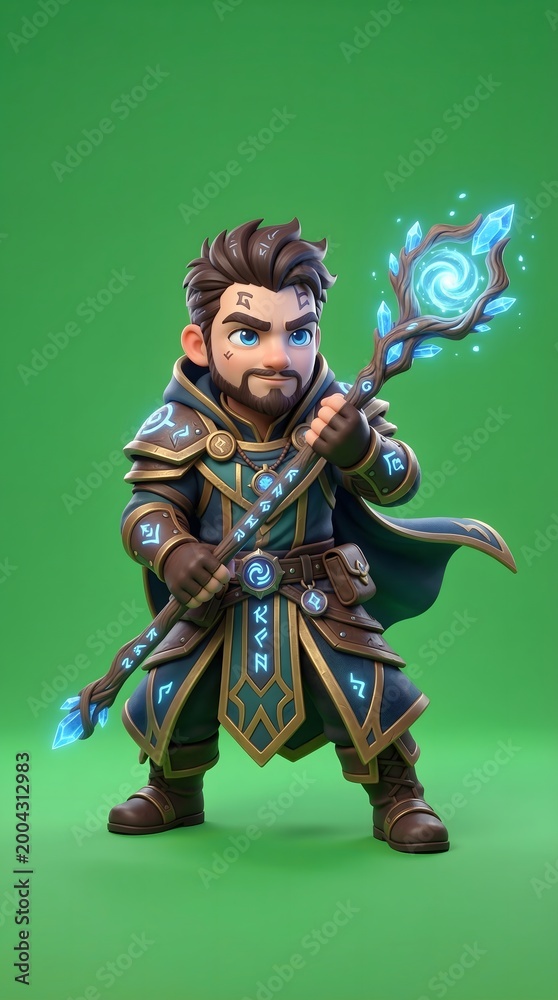Fototapeta premium Stylized Wizard Character with Magical Staff on Green Background.