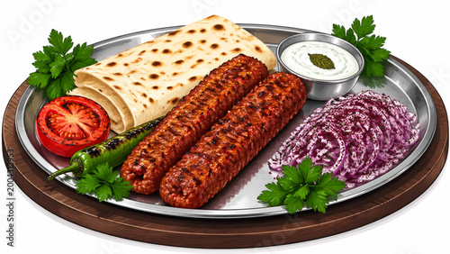 Traditional Turkish Grilled Meat with Lavash and Vegetables Vector Illustration