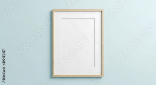Vertical wooden frame with white matting centered on a plain light blue pastel wall surface