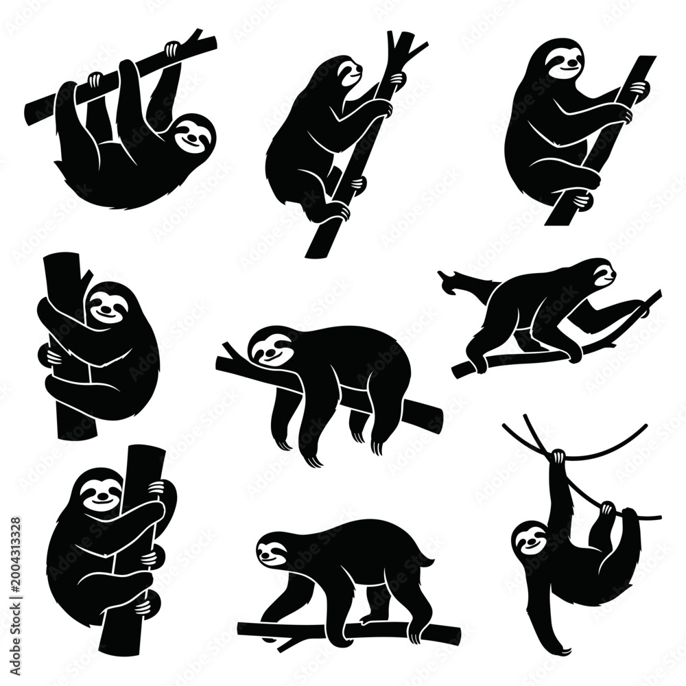 Fototapeta premium black and white vector silhouette set of sloth.