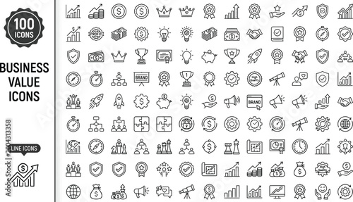 Collection of 100 minimalist business icons for value and success