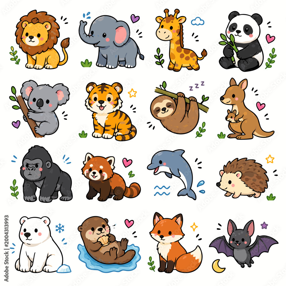 Obraz premium Colorful Doodle Mammal Icon Set 4x4 Grid Cute Cartoon Animals Vector Collection
