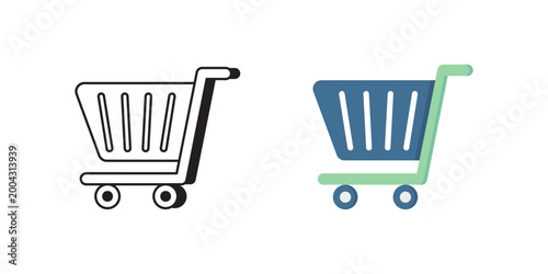 Minimal Shopping Cart Online Icon Showing Twostyle Set With Outline And Colored Flat Version, Highcontrast Blue And Green Accents, Perfect For Mobilefirst Ecommerce UI, Scalable For Buttons,