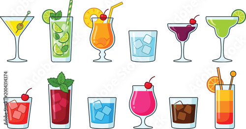 Colorful Cocktail and Drink Icon Set with Martini, Mojito, Margarita, Tropical, and Juice Glasses for Bar, Menu, and Party Design Projects